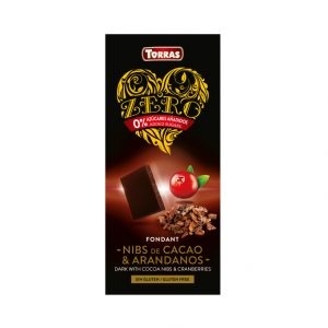 TEMNA ČOKOLADA S SLADILOM, KAKAVOVIMI DROBCI IN BRUSNICAMI, 125G